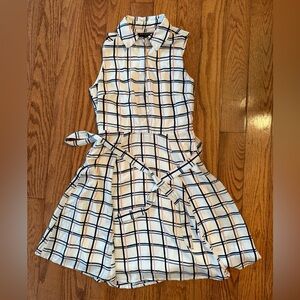 Banana Republic Sleeveless Collar Tie-Waist Lined Cream Plaid Midi Dress Size 0P